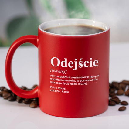 Kubek ceramiczny z grawerem NA ODEJŚCIE Z PRACY – humorystyczny