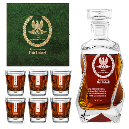 Karafka z grawerem + 6 szklanek w drewnianej skrzynce - PREZENT DLA SOK