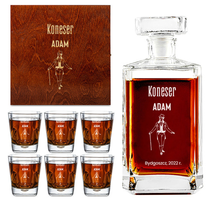 Karafka i 6 szklanek w drewnianej skrzynce z grawerem DLA KONESERA WHISKY
