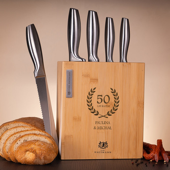 Personalizowany zestaw noży kuchennych w bloku - PREZENT NA 50  ROCZNICĘ