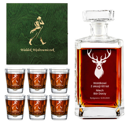 PREZENT DLA MYŚLIWEGO - Karafka + 6 szklanek w zielonej skrzynce NA URODZINY