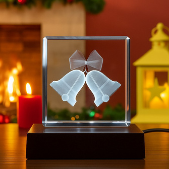 Statuetka szklana 3D z grawerem świątecznych dzwonków – fotolampka LED z personalizacją