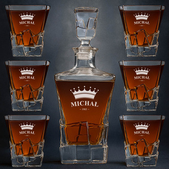 Zestaw Premium do whisky NA URODZINY z grawerem korony, imienia i rocznika