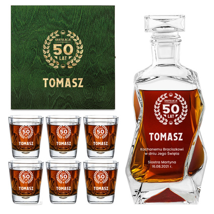 Personalizowany zestaw do whisky – karafka i szklanki z grawerem na 50-tkę