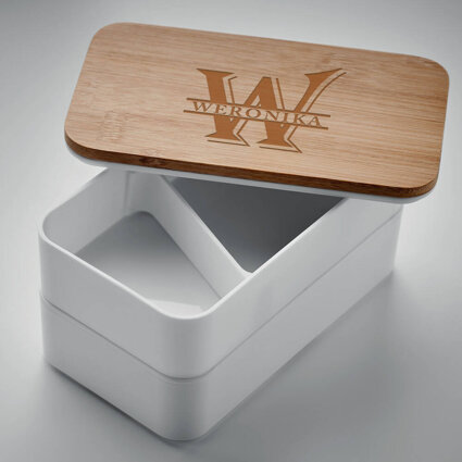 Lunch box biały z bambusową pokrywką GRAWEROWANY MONOGRAM