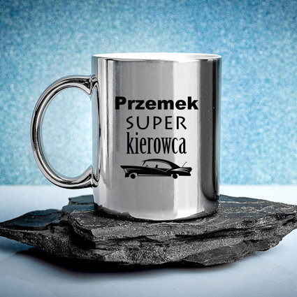 PERSONALIZOWANY kubek srebrny z nadrukiem SUPER KIEROWCA + IMIĘ