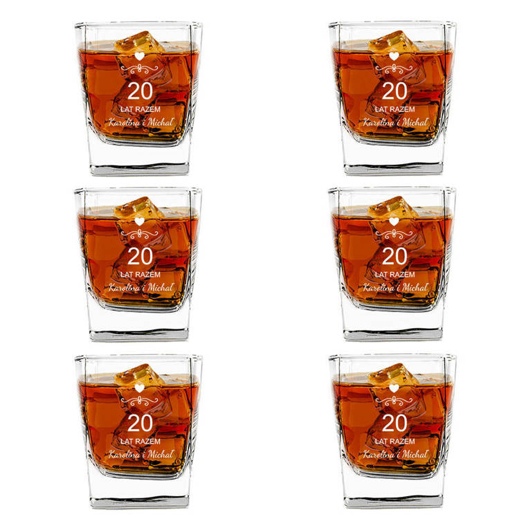 6 szklanek do whisky z grawerem z okazji PORCELANOWEJ ROCZNICY - 20 lat razem