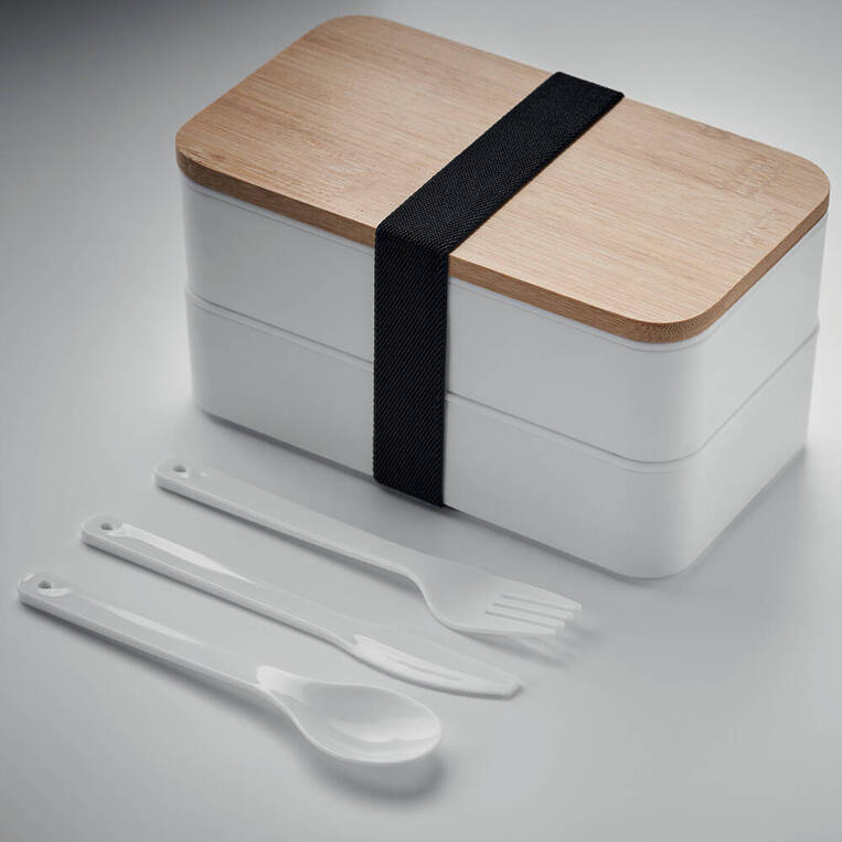 Lunch box biały z bambusową pokrywką - czysty